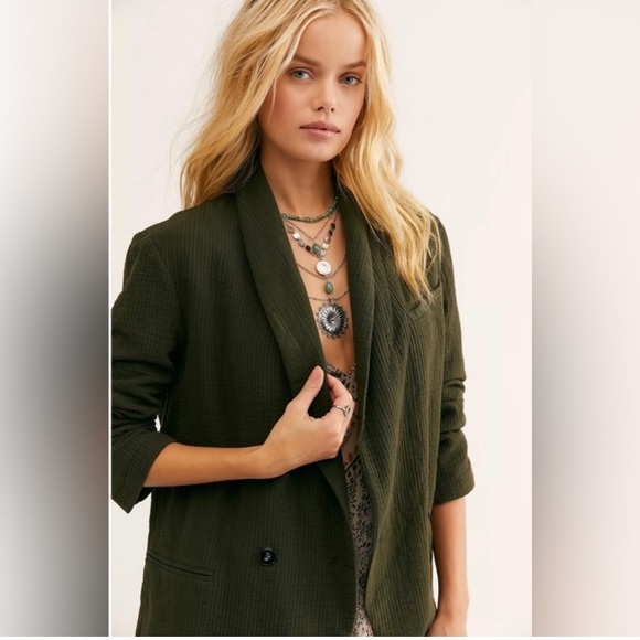free People Rowan Blazer Gauze Cotton Olive Green Boho Médium Oversize Button Up - Picture 3 of 16